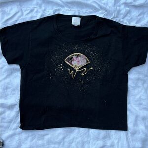 Black Japanese Fan T-Shirt with Gold and Pink Flower Design